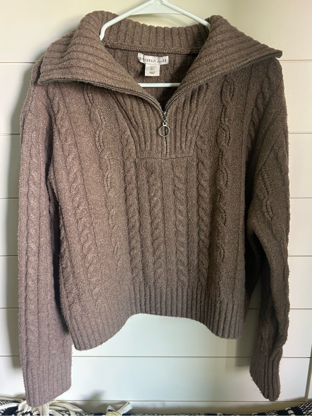 Sincerely Jules Taupe Cable-Knit Half-Zip Sweater